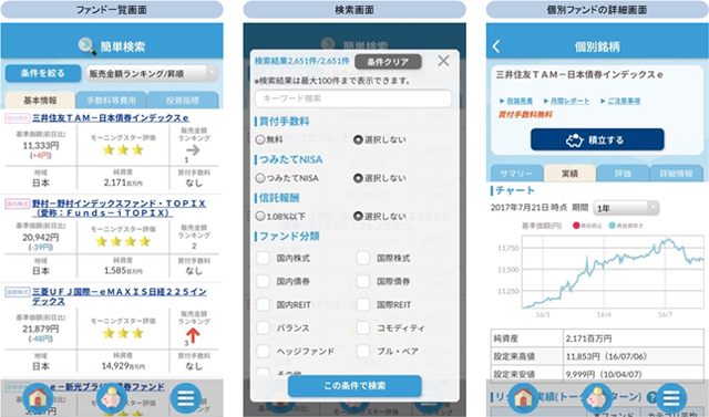 SBI証券で取り扱い中の投資信託の検索や詳細の確認が可能